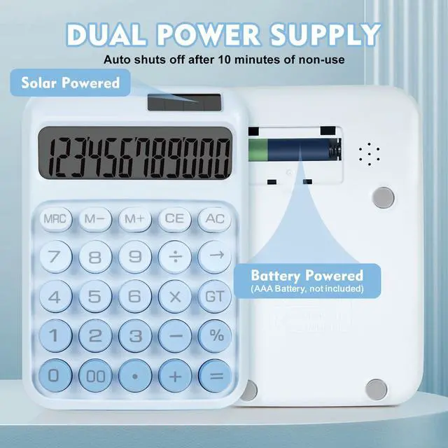 Alt view image 3 of 7 - Mechanical Switch Calculator with Big Buttons, Calculators Desktop, 12 Digits, Solar Battery Power, Desk Calculator, Large LCD Display, Cute Blue Calculators for Teachers Students Basic Office
