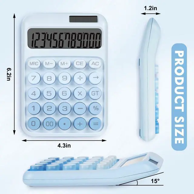 Alt view image 2 of 7 - Mechanical Switch Calculator with Big Buttons, Calculators Desktop, 12 Digits, Solar Battery Power, Desk Calculator, Large LCD Display, Cute Blue Calculators for Teachers Students Basic Office