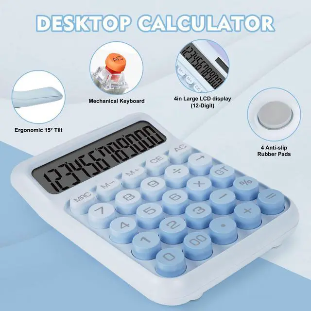 Alt view image 4 of 7 - Mechanical Switch Calculator with Big Buttons, Calculators Desktop, 12 Digits, Solar Battery Power, Desk Calculator, Large LCD Display, Cute Blue Calculators for Teachers Students Basic Office