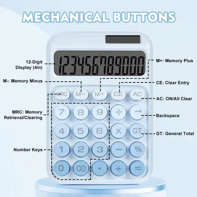 Alt view image 5 of 7 - Mechanical Switch Calculator with Big Buttons, Calculators Desktop, 12 Digits, Solar Battery Power, Desk Calculator, Large LCD Display, Cute Blue Calculators for Teachers Students Basic Office