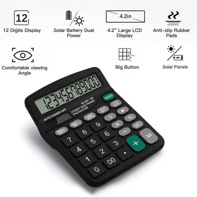 Alt view image 3 of 7 - Office Desk Calculator - Dual Power Simple Financial Calculator with Big Button Large Display for Office, Home & School (Black)