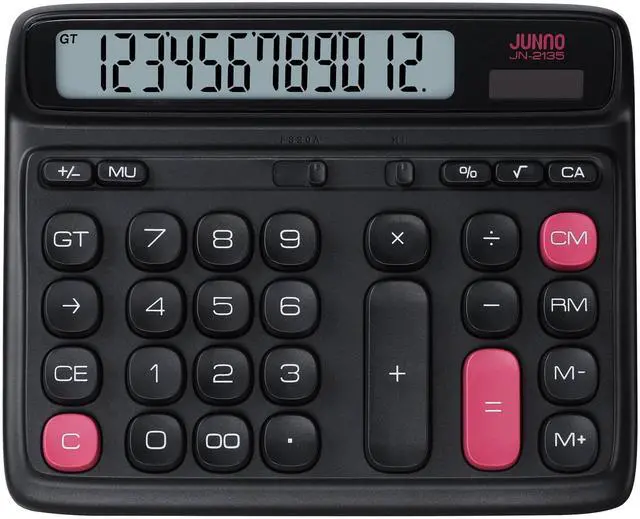 Main image of 12-Digit Desktop Calculator, Modern Color-Clash Aesthetic Design, Dual Power (Solar & Battery), Ergonomic Tilted Large LCD Display for Office, School and Accounting (Black)
