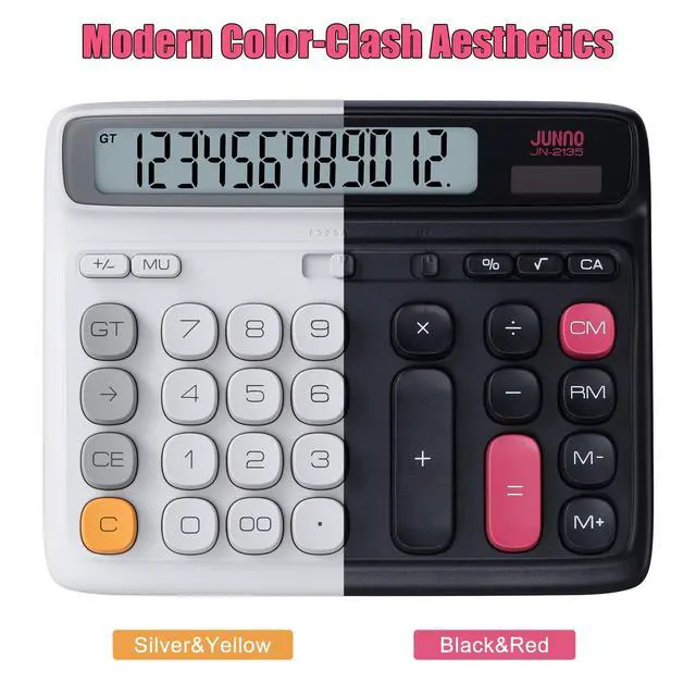Alt view image 2 of 7 - 12-Digit Desktop Calculator, Modern Color-Clash Aesthetic Design, Dual Power (Solar & Battery), Ergonomic Tilted Large LCD Display for Office, School and Accounting (Black)
