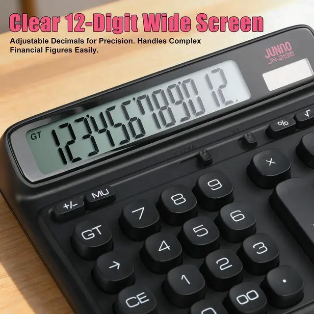 Alt view image 5 of 7 - 12-Digit Desktop Calculator, Modern Color-Clash Aesthetic Design, Dual Power (Solar & Battery), Ergonomic Tilted Large LCD Display for Office, School and Accounting (Black)