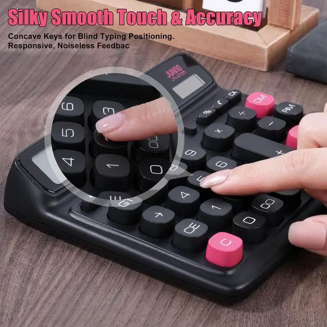 Alt view image 4 of 7 - 12-Digit Desktop Calculator, Modern Color-Clash Aesthetic Design, Dual Power (Solar & Battery), Ergonomic Tilted Large LCD Display for Office, School and Accounting (Black)