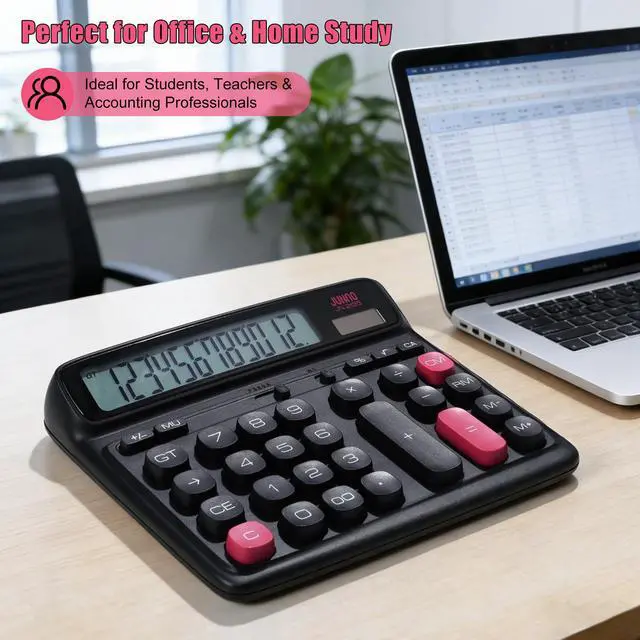 Alt view image 7 of 7 - 12-Digit Desktop Calculator, Modern Color-Clash Aesthetic Design, Dual Power (Solar & Battery), Ergonomic Tilted Large LCD Display for Office, School and Accounting (Black)