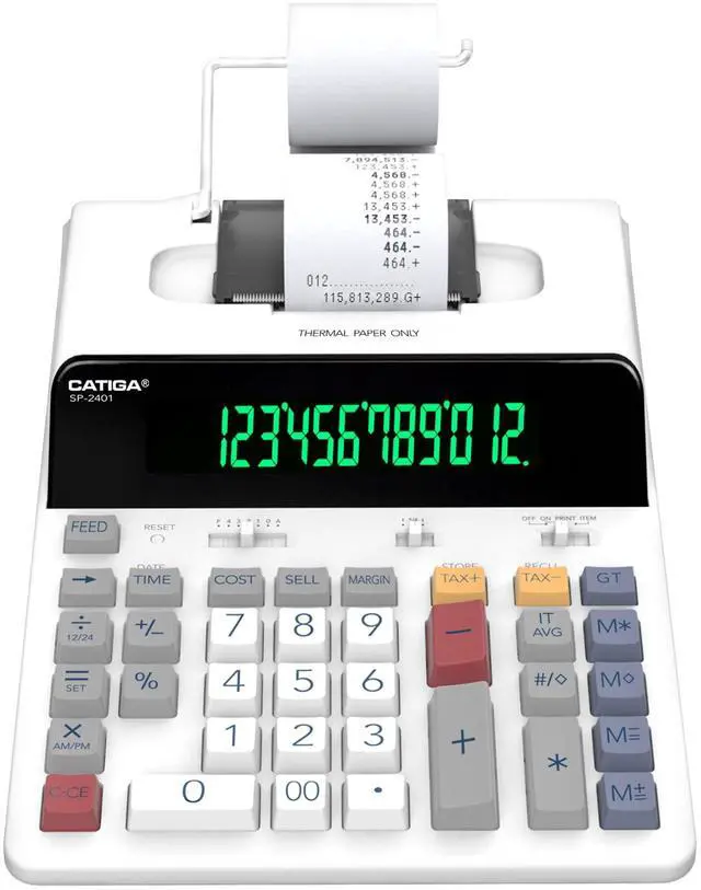 Main image of 12 Digit Thermal Printing Calculator with Tape Print Out, Ink-Free Adding Machine, 5X Faster Quite at 8.0 LPS, Extra Large Fluorescent Display, Tax Calculation with Clock and Calendar, SP-2401