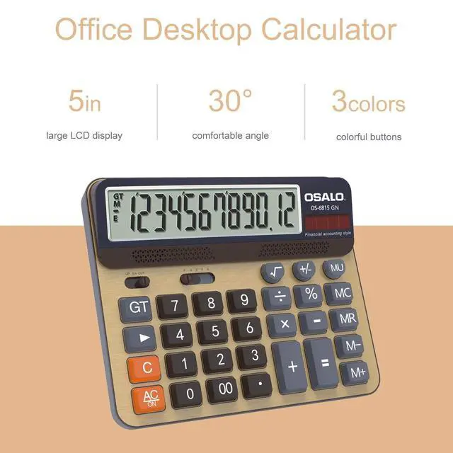 Alt view image 3 of 7 - Desktop Calculator Extra Large 5-Inch LCD Display 12-Digit Big Number Accounting Calculator with Giant Response Button, Battery & Solar Powered, Perfect for Office Business Home Daily Use(OS-6815GN)
