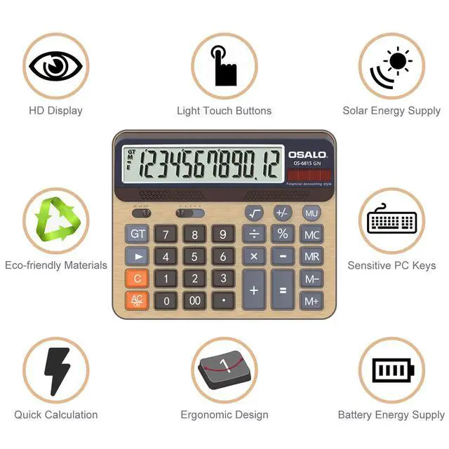 Alt view image 4 of 7 - Desktop Calculator Extra Large 5-Inch LCD Display 12-Digit Big Number Accounting Calculator with Giant Response Button, Battery & Solar Powered, Perfect for Office Business Home Daily Use(OS-6815GN)