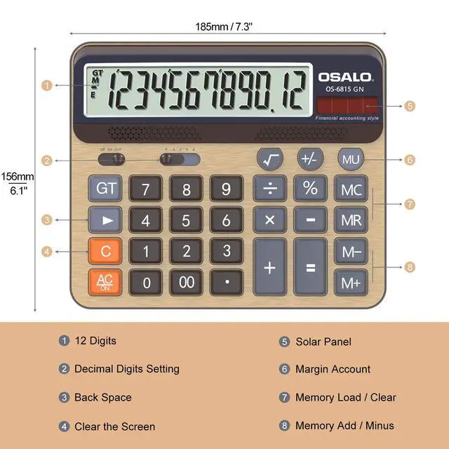 Alt view image 5 of 7 - Desktop Calculator Extra Large 5-Inch LCD Display 12-Digit Big Number Accounting Calculator with Giant Response Button, Battery & Solar Powered, Perfect for Office Business Home Daily Use(OS-6815GN)