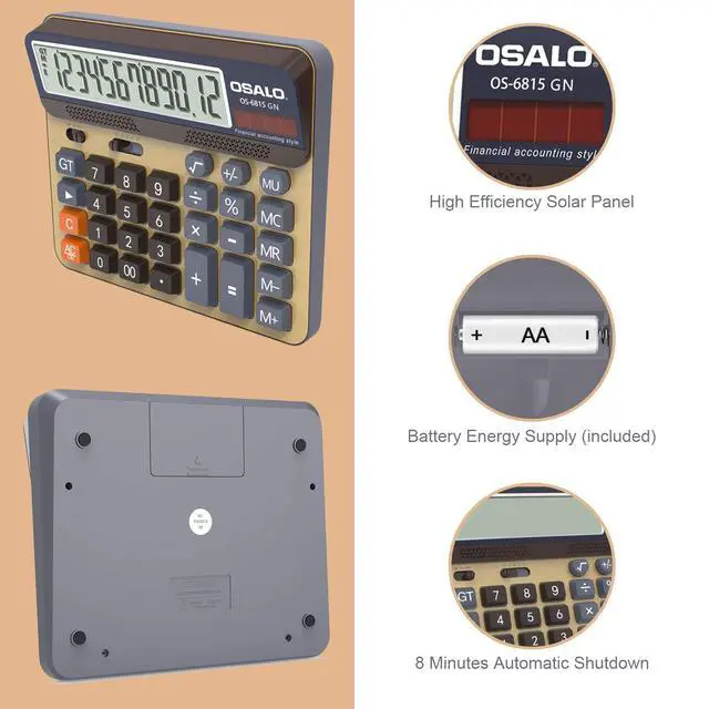 Alt view image 7 of 7 - Desktop Calculator Extra Large 5-Inch LCD Display 12-Digit Big Number Accounting Calculator with Giant Response Button, Battery & Solar Powered, Perfect for Office Business Home Daily Use(OS-6815GN)