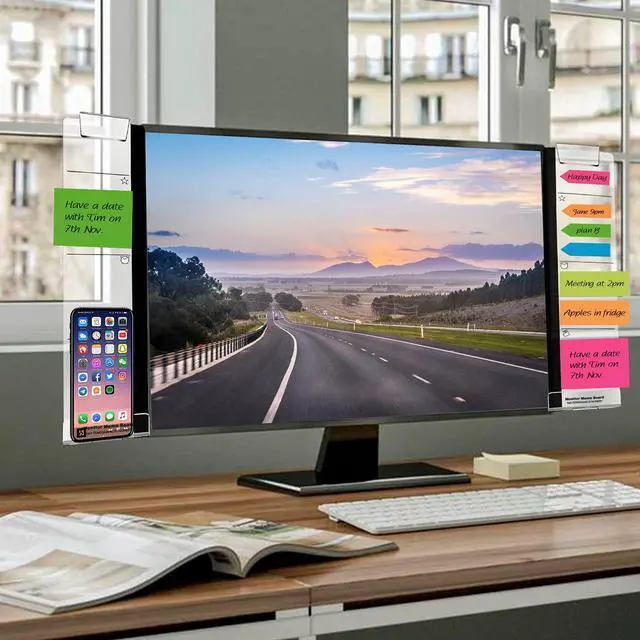 Main image of Monitor Memo Boards for Computer, Set of 2 (Left & Right) Multifunction Acrylic Screen Message Reminder Pad Side Panels Phone Holder - Utility Organizer for Office Desktop, Gift of 1 Pack Sticky Notes
