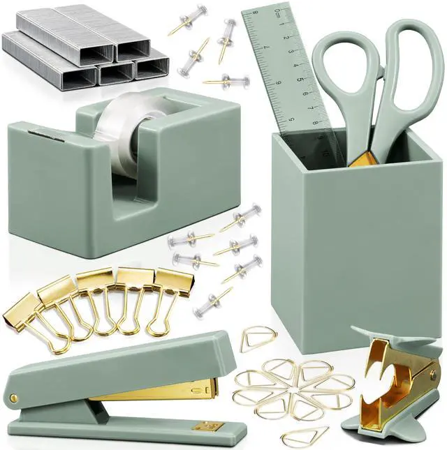 Main image of Aesthetic Desk Accessories Set - A Complete Desktop Organizer Set For Women Enhances Any Office Decor - An Office Supplies Kit w Gold Finish incl. Pen Holder, Scissors, Stapler, Tape Dispenser & More