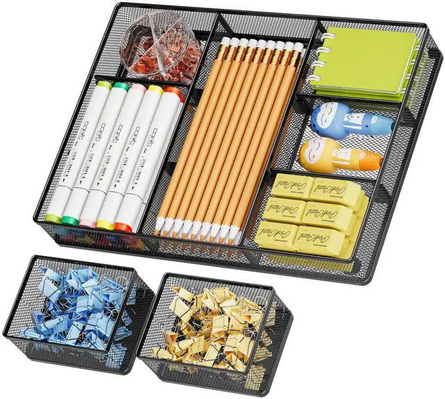 Main image of 3 Packs Desk Drawer Organizers, Metal Mesh Dividers Desk Drawer Organizer Tray with 9 Adjustable Compartments, Pen Organizer for Drawer Tray Box Accessories for Desktop,Kitchen, Makeup