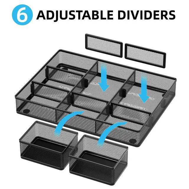 Alt view image 2 of 7 - 3 Packs Desk Drawer Organizers, Metal Mesh Dividers Desk Drawer Organizer Tray with 9 Adjustable Compartments, Pen Organizer for Drawer Tray Box Accessories for Desktop,Kitchen, Makeup