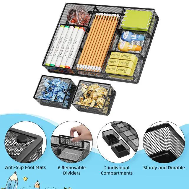 Alt view image 4 of 7 - 3 Packs Desk Drawer Organizers, Metal Mesh Dividers Desk Drawer Organizer Tray with 9 Adjustable Compartments, Pen Organizer for Drawer Tray Box Accessories for Desktop,Kitchen, Makeup