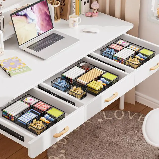 Alt view image 5 of 7 - 3 Packs Desk Drawer Organizers, Metal Mesh Dividers Desk Drawer Organizer Tray with 9 Adjustable Compartments, Pen Organizer for Drawer Tray Box Accessories for Desktop,Kitchen, Makeup
