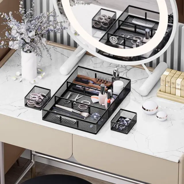 Alt view image 7 of 7 - 3 Packs Desk Drawer Organizers, Metal Mesh Dividers Desk Drawer Organizer Tray with 9 Adjustable Compartments, Pen Organizer for Drawer Tray Box Accessories for Desktop,Kitchen, Makeup