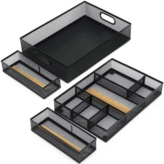 Main image of Desk Drawer Organizer, 4 Pack Metal Mesh Drawer Organizer Set with Adjustable Dividers, Stackable Pen Organizer for Desk Drawer, Office Supplies Organizer, Black