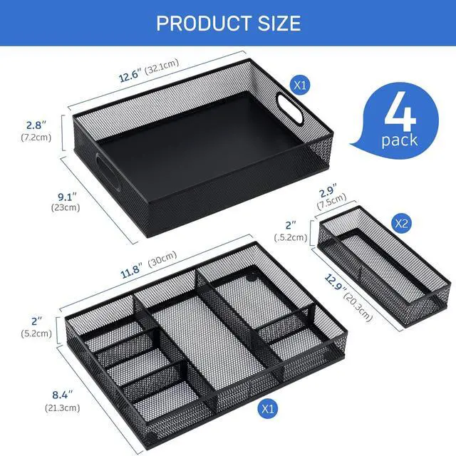 Alt view image 2 of 7 - Desk Drawer Organizer, 4 Pack Metal Mesh Drawer Organizer Set with Adjustable Dividers, Stackable Pen Organizer for Desk Drawer, Office Supplies Organizer, Black