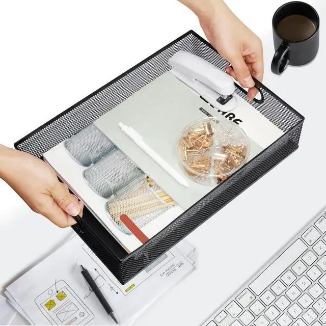 Alt view image 5 of 7 - Desk Drawer Organizer, 4 Pack Metal Mesh Drawer Organizer Set with Adjustable Dividers, Stackable Pen Organizer for Desk Drawer, Office Supplies Organizer, Black