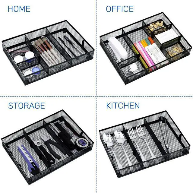 Alt view image 6 of 7 - Desk Drawer Organizer, 4 Pack Metal Mesh Drawer Organizer Set with Adjustable Dividers, Stackable Pen Organizer for Desk Drawer, Office Supplies Organizer, Black