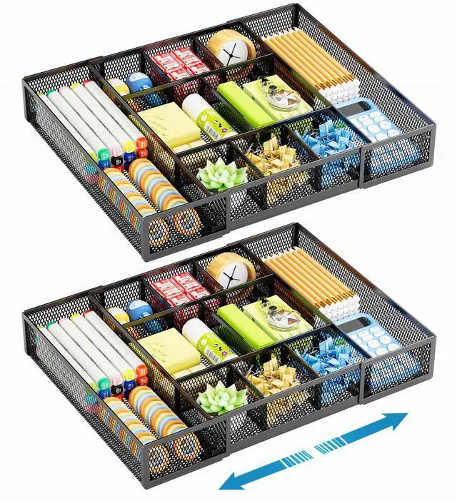 Main image of Expandable Desk Drawer Organizer, Mesh Drawer Organizer Tray with 10 Adjustable Compartments, Desk Organizers and Accessories for Office Supplies, Makeup & Vanity (Expandable Black-2 pack)