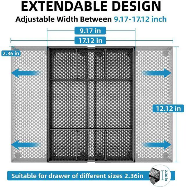 Alt view image 2 of 7 - Expandable Desk Drawer Organizer, Mesh Drawer Organizer Tray with 10 Adjustable Compartments, Desk Organizers and Accessories for Office Supplies, Makeup & Vanity (Expandable Black-2 pack)