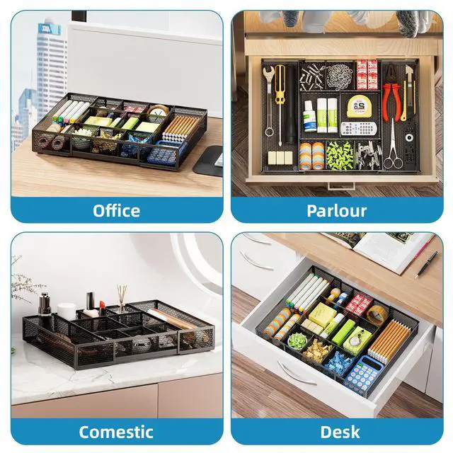 Alt view image 4 of 7 - Expandable Desk Drawer Organizer, Mesh Drawer Organizer Tray with 10 Adjustable Compartments, Desk Organizers and Accessories for Office Supplies, Makeup & Vanity (Expandable Black-2 pack)