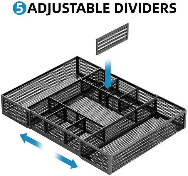Alt view image 3 of 7 - Expandable Desk Drawer Organizer, Mesh Drawer Organizer Tray with 10 Adjustable Compartments, Desk Organizers and Accessories for Office Supplies, Makeup & Vanity (Expandable Black-2 pack)