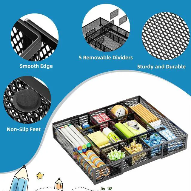 Alt view image 6 of 7 - Expandable Desk Drawer Organizer, Mesh Drawer Organizer Tray with 10 Adjustable Compartments, Desk Organizers and Accessories for Office Supplies, Makeup & Vanity (Expandable Black-2 pack)