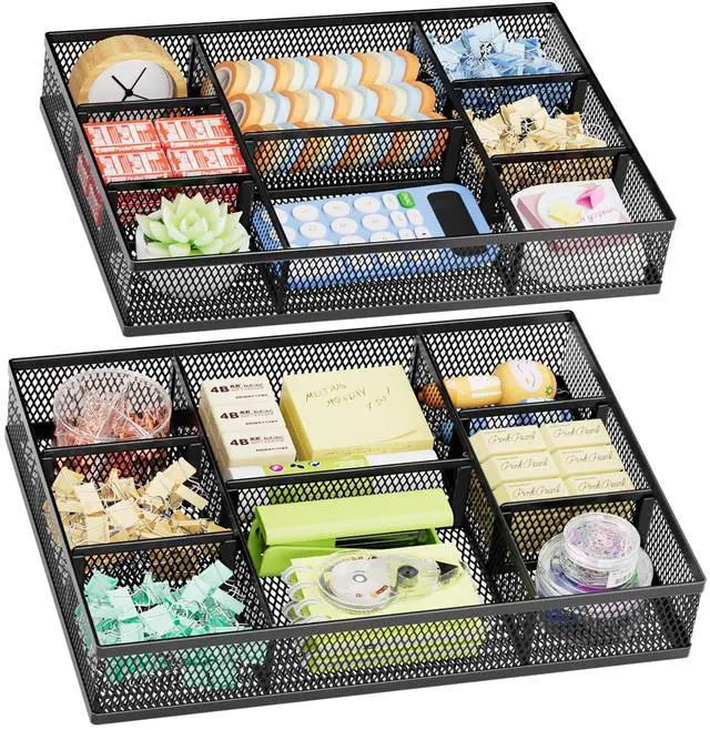 Main image of 2 Pack Desk Drawer Organizer, Mesh Drawer Organizer Tray with 8 Adjustable Compartments, Desk Organizers and Accessories, 5 Dividers Drawer for Office Supplies, Makeup & Vanity (Black)