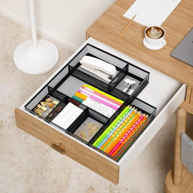 Alt view image 7 of 7 - Desk Drawer Organizer, 4 Pack Metal Mesh Drawer Organizer Set with Adjustable Dividers, Stackable Pen Organizer for Desk Drawer, Office Supplies Organizer, Black