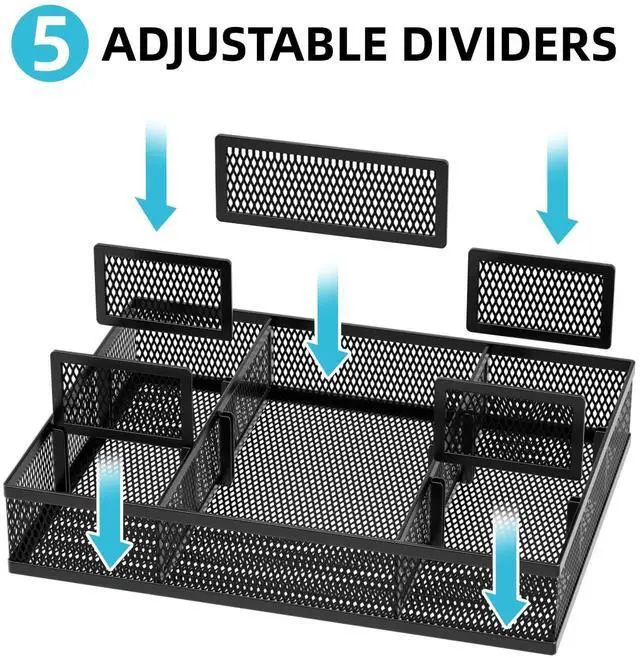 Alt view image 2 of 7 - 2 Pack Desk Drawer Organizer, Mesh Drawer Organizer Tray with 8 Adjustable Compartments, Desk Organizers and Accessories, 5 Dividers Drawer for Office Supplies, Makeup & Vanity (Black)