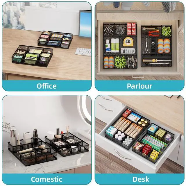 Alt view image 3 of 7 - 2 Pack Desk Drawer Organizer, Mesh Drawer Organizer Tray with 8 Adjustable Compartments, Desk Organizers and Accessories, 5 Dividers Drawer for Office Supplies, Makeup & Vanity (Black)