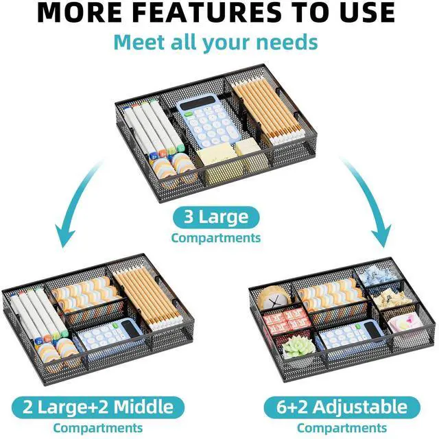 Alt view image 4 of 7 - 2 Pack Desk Drawer Organizer, Mesh Drawer Organizer Tray with 8 Adjustable Compartments, Desk Organizers and Accessories, 5 Dividers Drawer for Office Supplies, Makeup & Vanity (Black)