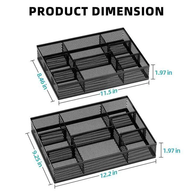 Alt view image 5 of 7 - 2 Pack Desk Drawer Organizer, Mesh Drawer Organizer Tray with 8 Adjustable Compartments, Desk Organizers and Accessories, 5 Dividers Drawer for Office Supplies, Makeup & Vanity (Black)