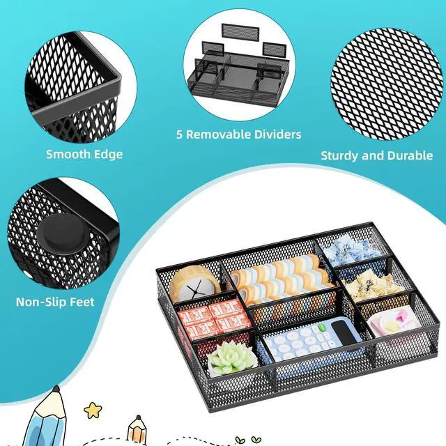 Alt view image 6 of 7 - 2 Pack Desk Drawer Organizer, Mesh Drawer Organizer Tray with 8 Adjustable Compartments, Desk Organizers and Accessories, 5 Dividers Drawer for Office Supplies, Makeup & Vanity (Black)