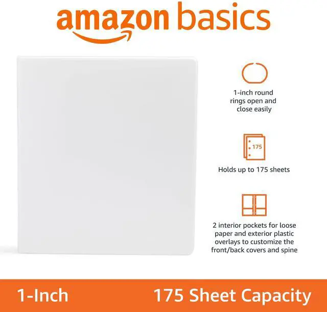 Alt view image 2 of 5 - 3-Ring Binder with Round Rings and Interior Pockets, 1-Inch, White, 4-Pack