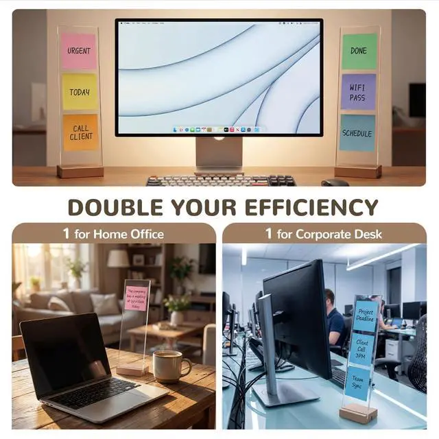 Alt view image 3 of 7 - 2-Pack Monitor Memo Board & Sticky Note Holder, Freestanding Acrylic Computer Desk Accessories with Wood Base, Zero Adhesive Screen Note Board for Office Organization Decor