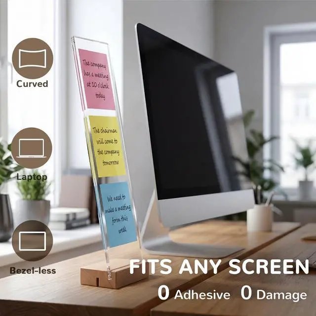 Alt view image 6 of 7 - 2-Pack Monitor Memo Board & Sticky Note Holder, Freestanding Acrylic Computer Desk Accessories with Wood Base, Zero Adhesive Screen Note Board for Office Organization Decor