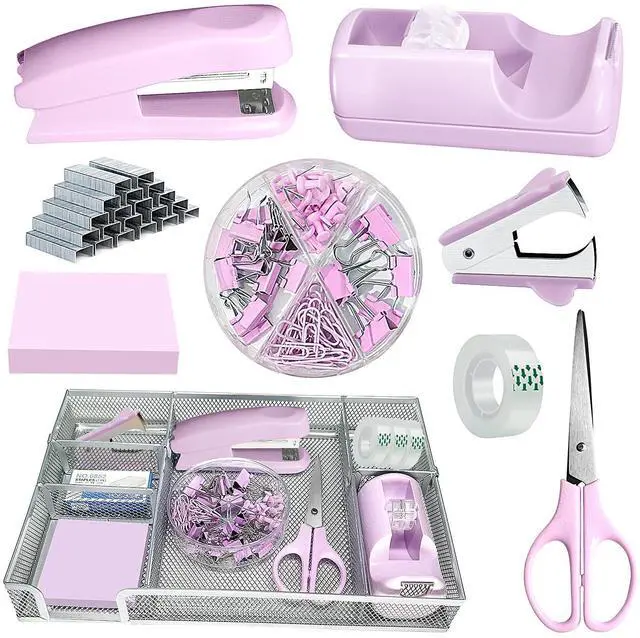 Main image of Purple Office Desk Accessories,Purple Office Supplies Set,Stapler and Tape Dispenser Set,Tape,Staple Remover, Staples,Paper Clips,Scissor,Sticky Note and Desk Drawer Organizer