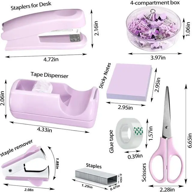 Alt view image 3 of 6 - Purple Office Desk Accessories,Purple Office Supplies Set,Stapler and Tape Dispenser Set,Tape,Staple Remover, Staples,Paper Clips,Scissor,Sticky Note and Desk Drawer Organizer