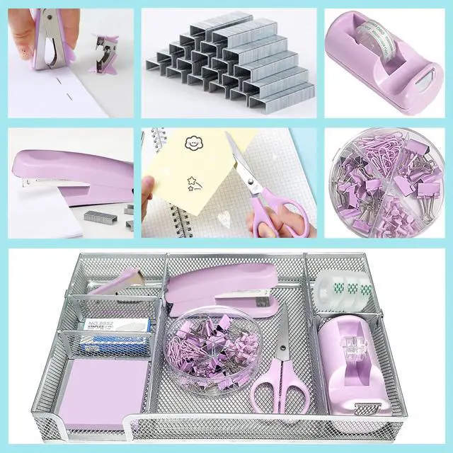 Alt view image 5 of 6 - Purple Office Desk Accessories,Purple Office Supplies Set,Stapler and Tape Dispenser Set,Tape,Staple Remover, Staples,Paper Clips,Scissor,Sticky Note and Desk Drawer Organizer