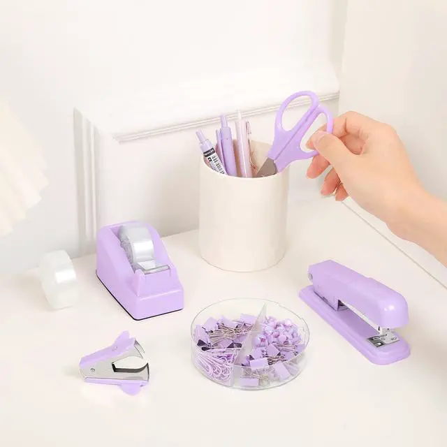 Main image of Purple Desk Accessories, Purple Office Supplies Set, Stapler, Tape Dispenser, Scissors, Binder/Paper Clips and 1000pcs Staples,Office Supplies for Women