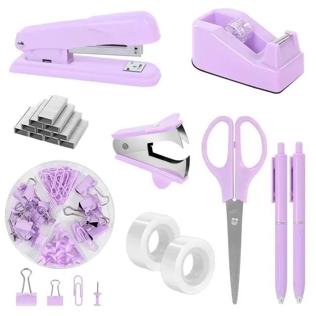 Alt view image 2 of 7 - Purple Desk Accessories, Purple Office Supplies Set, Stapler, Tape Dispenser, Scissors, Binder/Paper Clips and 1000pcs Staples,Office Supplies for Women