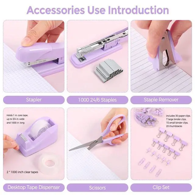 Alt view image 3 of 7 - Purple Desk Accessories, Purple Office Supplies Set, Stapler, Tape Dispenser, Scissors, Binder/Paper Clips and 1000pcs Staples,Office Supplies for Women