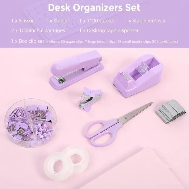 Alt view image 5 of 7 - Purple Desk Accessories, Purple Office Supplies Set, Stapler, Tape Dispenser, Scissors, Binder/Paper Clips and 1000pcs Staples,Office Supplies for Women
