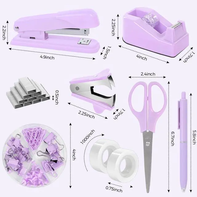 Alt view image 6 of 7 - Purple Desk Accessories, Purple Office Supplies Set, Stapler, Tape Dispenser, Scissors, Binder/Paper Clips and 1000pcs Staples,Office Supplies for Women