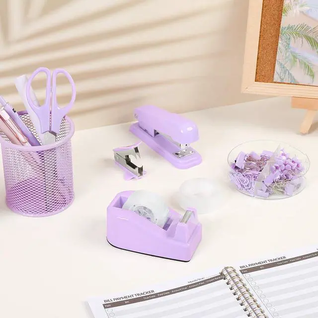 Alt view image 7 of 7 - Purple Desk Accessories, Purple Office Supplies Set, Stapler, Tape Dispenser, Scissors, Binder/Paper Clips and 1000pcs Staples,Office Supplies for Women